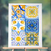 Blauw en Goud Aquarel Tegel Patroon – Mediterra Acryl Bord (Neutraal)