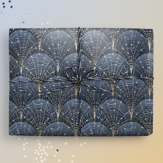 Blauw en Goud Art Deco Cobweb Luxe Cadeaupapier