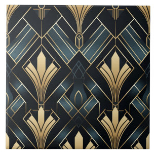 Blauw en goud Art Deco, Glanzend en Donker Tegeltje