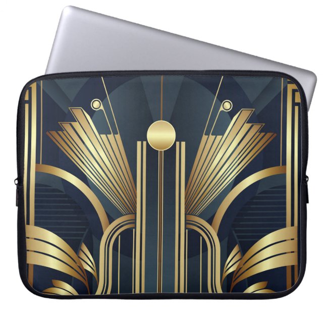 Blauw en goud Art Deco Laptop Sleeve (Voorkant)