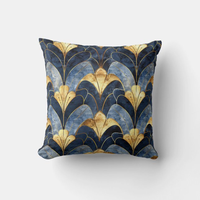 Blauw en goud art deco ontworpen kussen (Voorkant)