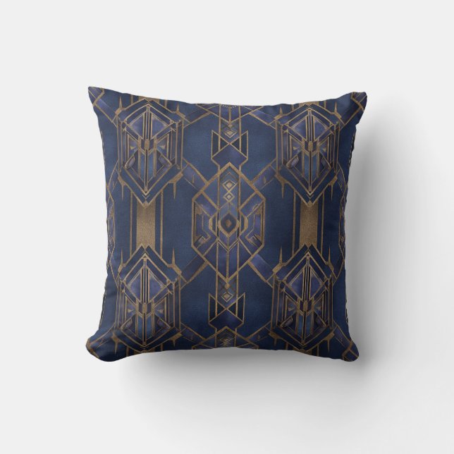 Blauw en Goud Art Deco Patroon 2 Sierkussen (Voorkant)