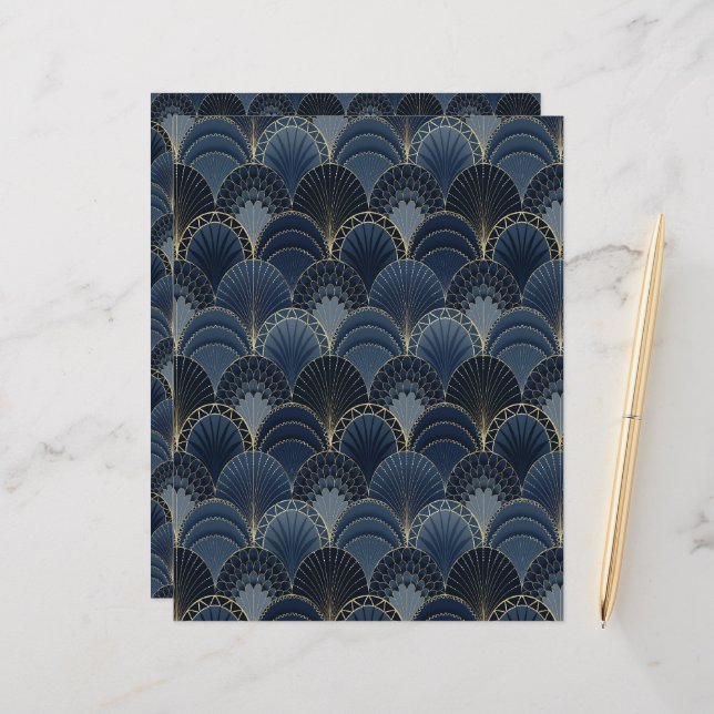 Blauw en Goud Art Deco Scallop Scrapbook Papier (Voorkant / Achterkant in situ)