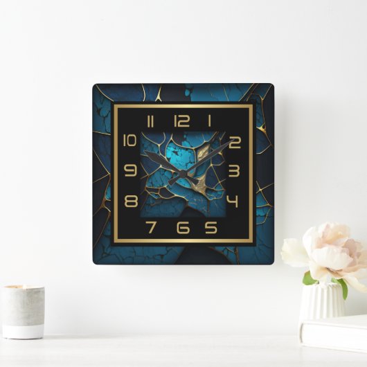 Blauw en goud Art Deco Vierkante Klok (Huis)