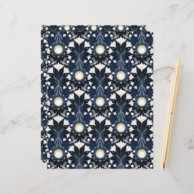 Blauw en Goud Art Nouveau Maan Scrapbook Papier (Voorkant / Achterkant in situ)