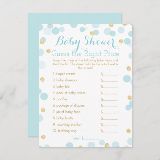 Blauw en Goud Baby shower Juiste Prijs Spel Uitnodiging Briefkaart (Voorkant / Achterkant)