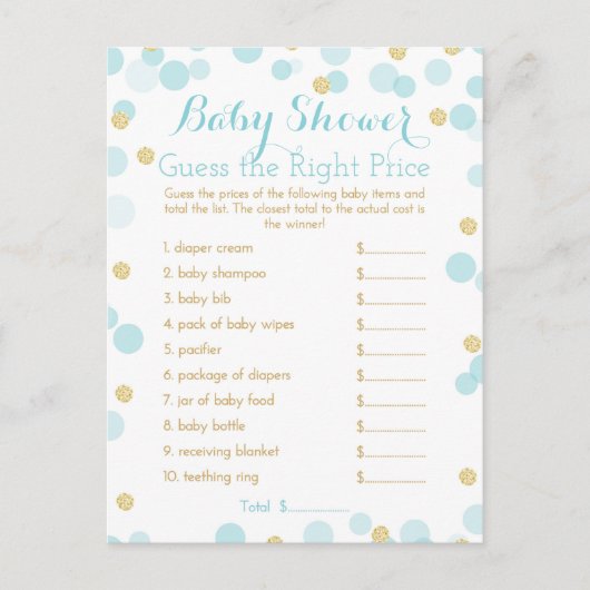 Blauw en Goud Baby shower Juiste Prijs Spel Uitnodiging Briefkaart (Voorkant)