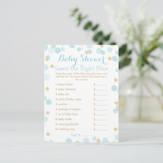 Blauw en Goud Baby shower Juiste Prijs Spel Uitnodiging Briefkaart (Staand voorkant)