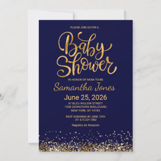 Blauw en Goud Baby Shower Uitnodiging