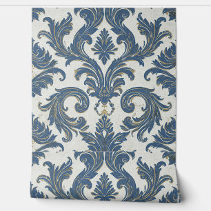 Blauw en Goud Barok Damask Behang