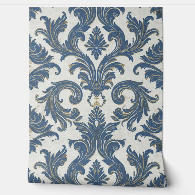  Blauw en Goud Barok Damask Behang (Afrollen)