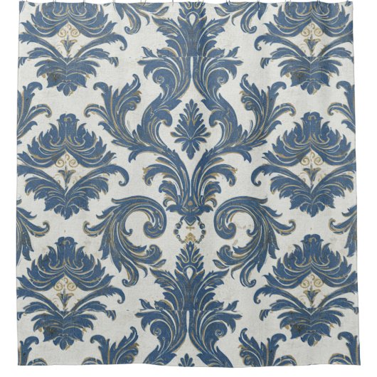  Blauw en Goud Barok Damask Douchegordijn (Voorkant)