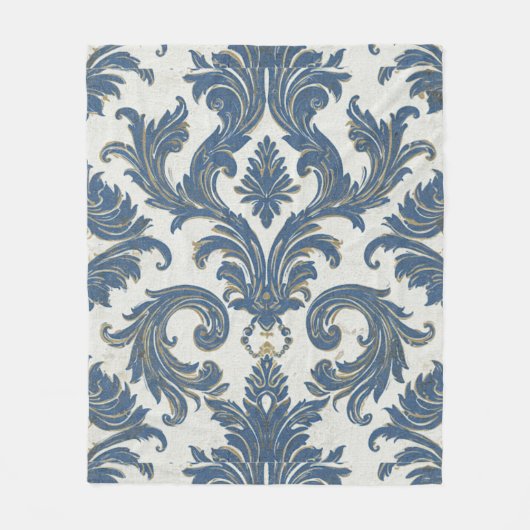 Blauw en Goud Barok Damask Fleece Deken (Voorkant)