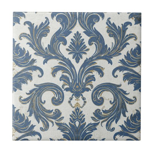 Blauw en Goud Barok Damask Tegeltje (Voorkant)
