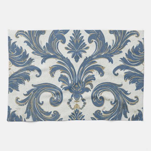  Blauw en Goud Barok Damask Theedoek (Horizontaal)
