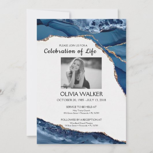 Blauw en Goud Begrafenis Vieren van het leven Kaart (Voorkant)