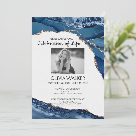 Blauw en Goud Begrafenis Vieren van het leven Kaart (Staand voorkant)