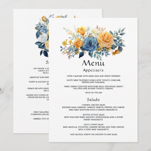 Blauw en Goud Bloem Bruiloft Menu (Voorkant / Achterkant)