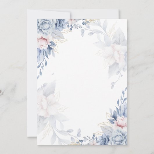 Blauw en goud bloem bruiloft Receptie Kaart (Achterkant)