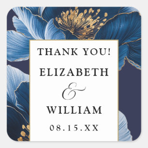 Blauw en goud bloem elegant bedankkaartje vierkante sticker