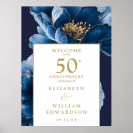 Blauw en Goud Bloemen 50e Jubileum Welkomstbord Poster
