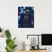 Blauw en Goud Bloemen 50e Jubileum Welkomstbord Poster (Thuiskantoor)