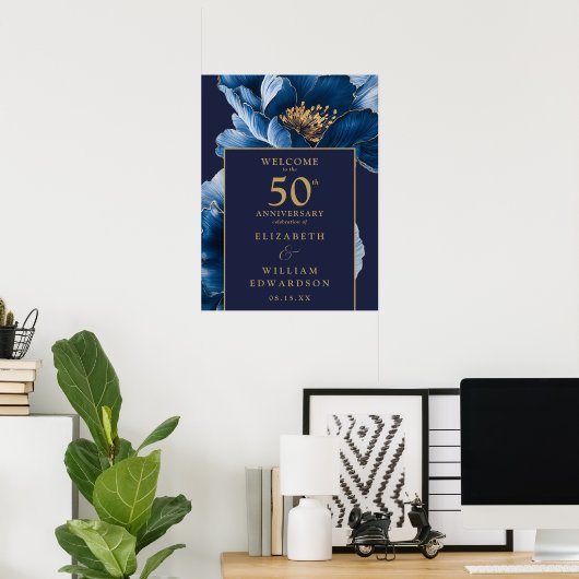 Blauw en Goud Bloemen 50e Jubileum Welkomstbord Poster (Thuiskantoor)