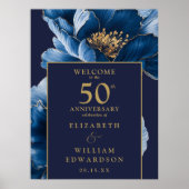 Blauw en Goud Bloemen 50e Jubileum Welkomstbord Poster (Voorkant)