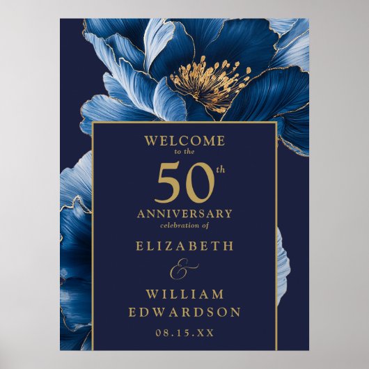 Blauw en Goud Bloemen 50e Jubileum Welkomstbord Poster (Voorkant)