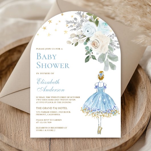 Blauw en Goud Bloemen Ballerina Boog Baby shower Kaart