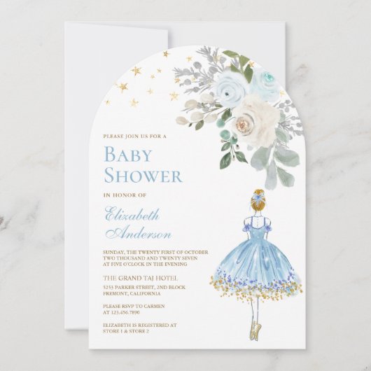 Blauw en Goud Bloemen Ballerina Boog Baby shower Kaart (Voorkant)