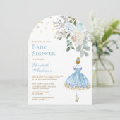 Blauw en Goud Bloemen Ballerina Boog Baby shower Kaart (Staand voorkant)