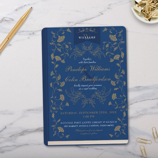 Blauw en Goud Bloemen Boek Hoesje Bruiloft Kaart