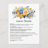 Blauw en Goud Bloemen Bruiloft Gast Details Informatiekaartje (Voorkant)