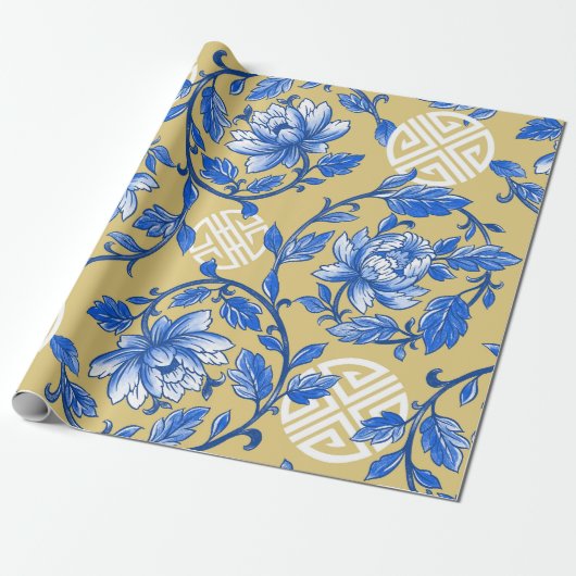 Blauw en Goud Bloemen Chinoiserie Cadeaupapier (Uitgerold)