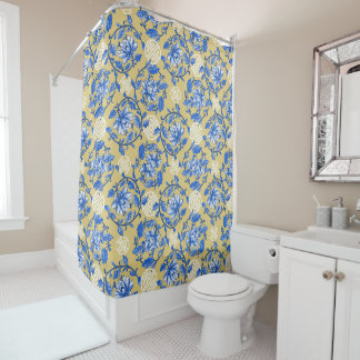 Blauw en Goud Bloemen Chinoiserie Douchegordijn