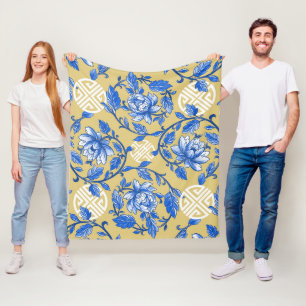  Blauw en Goud Bloemen Chinoiserie Fleece Deken