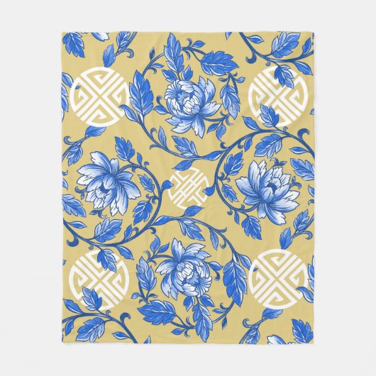  Blauw en Goud Bloemen Chinoiserie Fleece Deken (Voorkant)