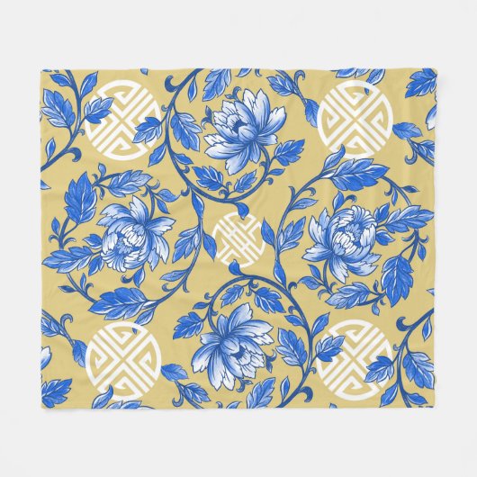 Blauw en Goud Bloemen Chinoiserie Fleece Deken (Voorkant (Horizontaal))
