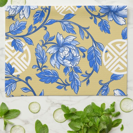 Blauw en Goud Bloemen Chinoiserie Theedoek (Gevouwen)