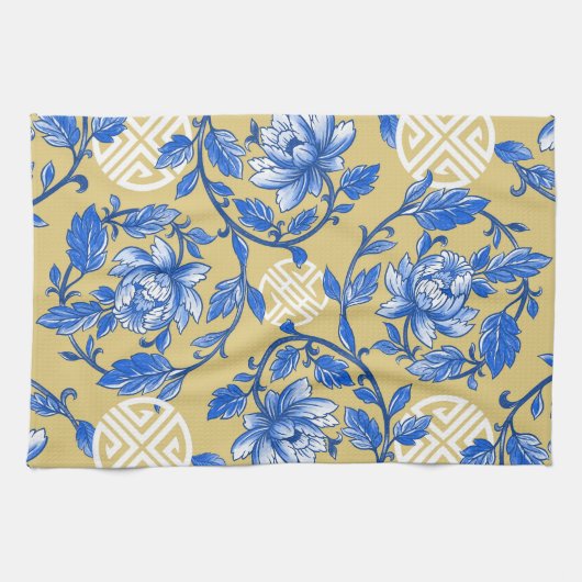  Blauw en Goud Bloemen Chinoiserie Theedoek (Horizontaal)
