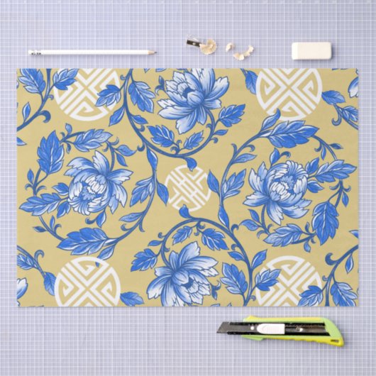 Blauw en Goud Bloemen Chinoiserie Tissuepapier (Craft)
