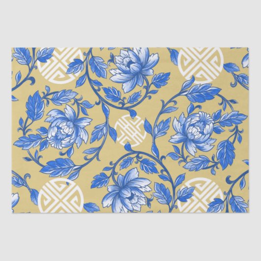 Blauw en Goud Bloemen Chinoiserie Tissuepapier (Voorkant)