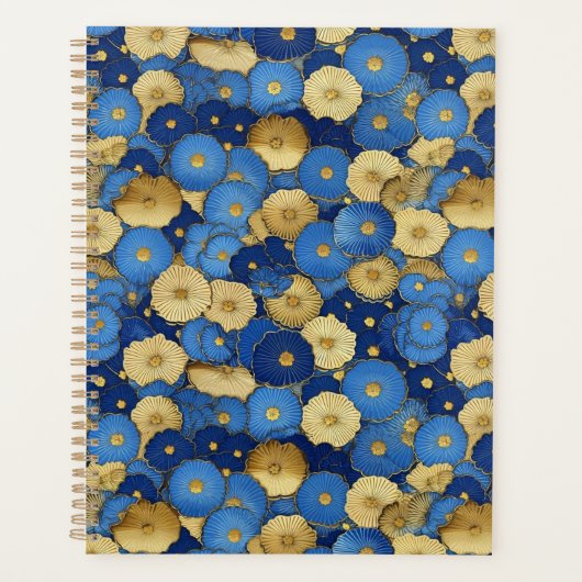 Blauw en Goud Bloemen Chiyogami Planner (Voorkant)