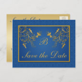 Blauw en Goud Bloemen Damask Save the Date Kaart (Voorkant / Achterkant)