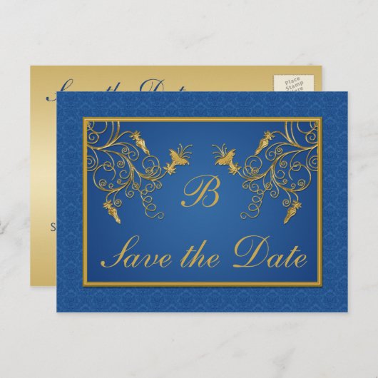 Blauw en Goud Bloemen Damask Save the Date Kaart (Voorkant / Achterkant)