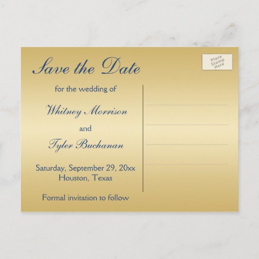 Blauw en Goud Bloemen Damask Save the Date Kaart (Achterkant)