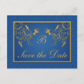 Blauw en Goud Bloemen Damask Save the Date Kaart (Voorkant)