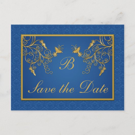 Blauw en Goud Bloemen Damask Save the Date Kaart (Voorkant)