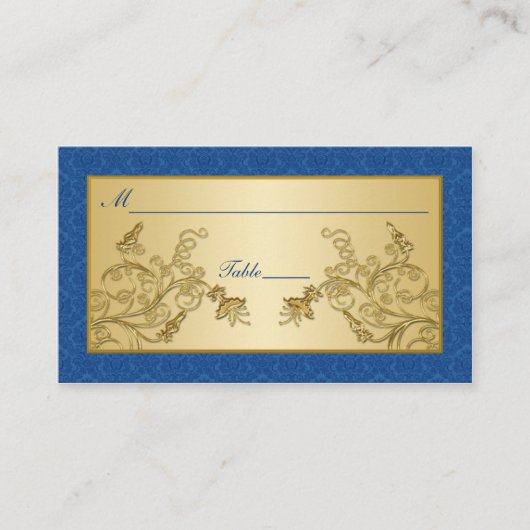 Blauw en Goud Bloemen Damast Plaatskaarten Plaatskaartje (Voorkant)